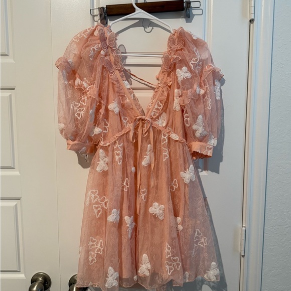 For Love And Lemons Dresses & Skirts - For Love & Lemons Peach Pink Butterfly Embroidered Mini Dress